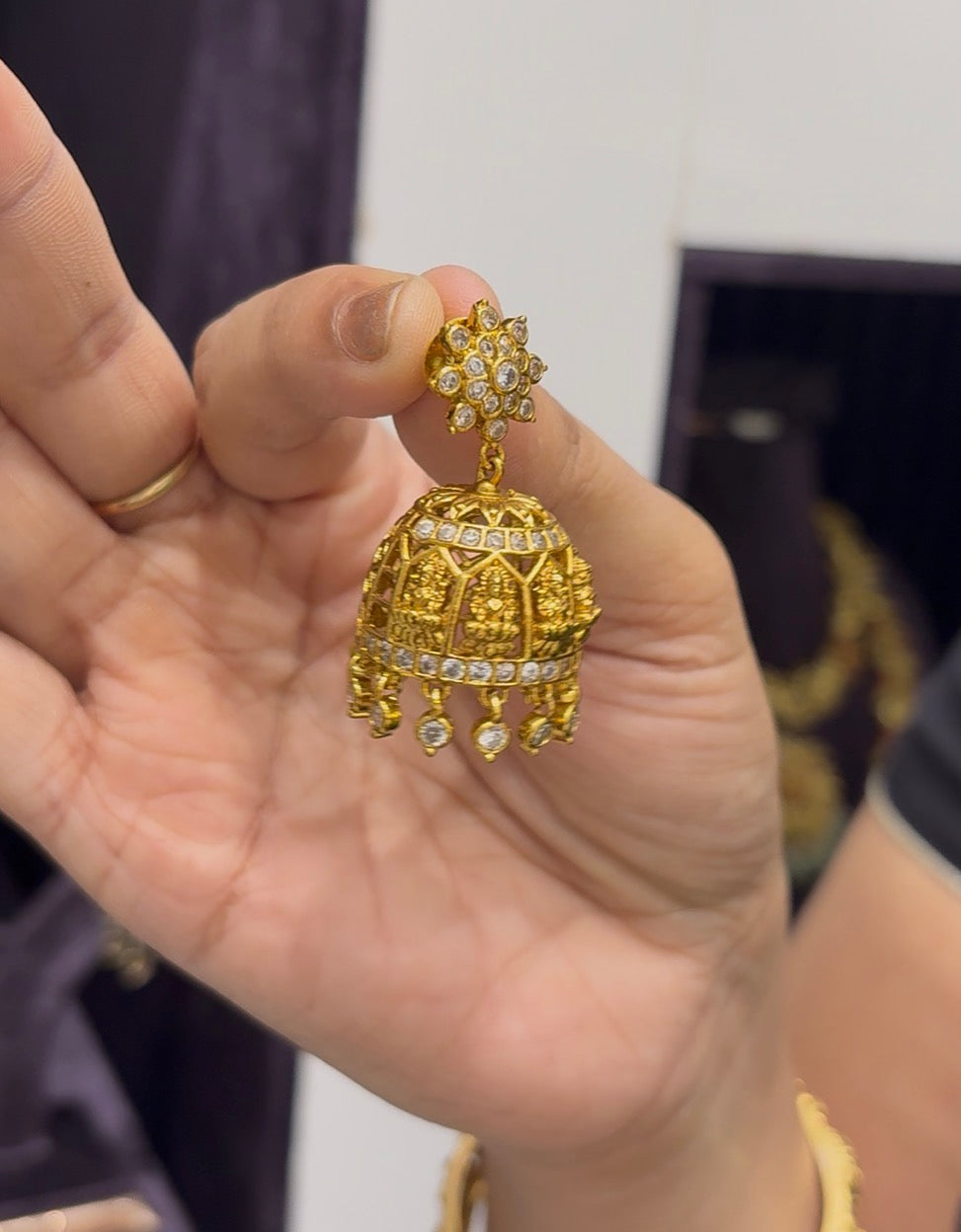 Beautiful White Stone Lakshmidevi Jumkies With PushBack