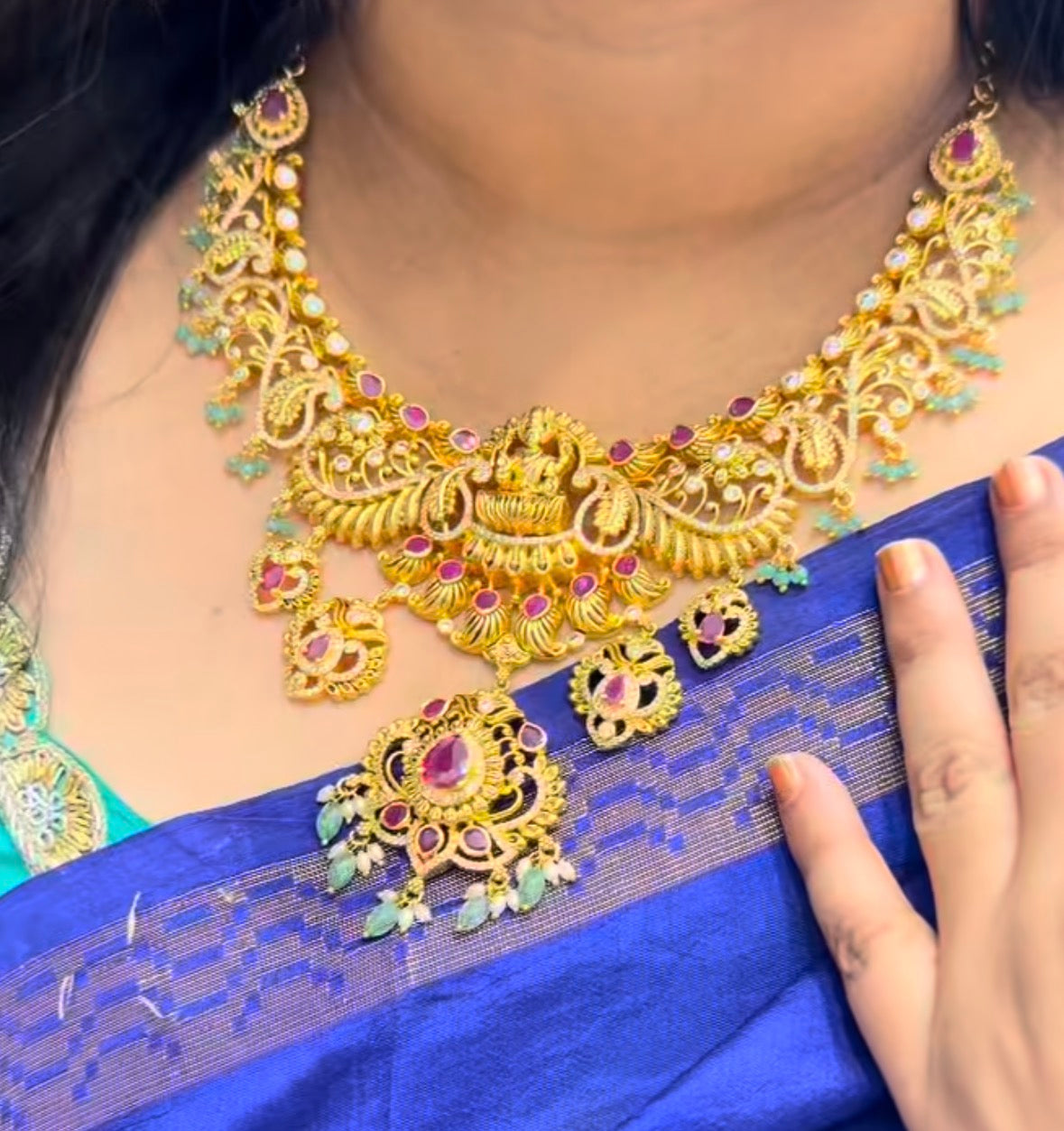 Beautiful Ruby Stone Lakshmidevi Chocker Neckset Customised with Green CZ Crystal Beads