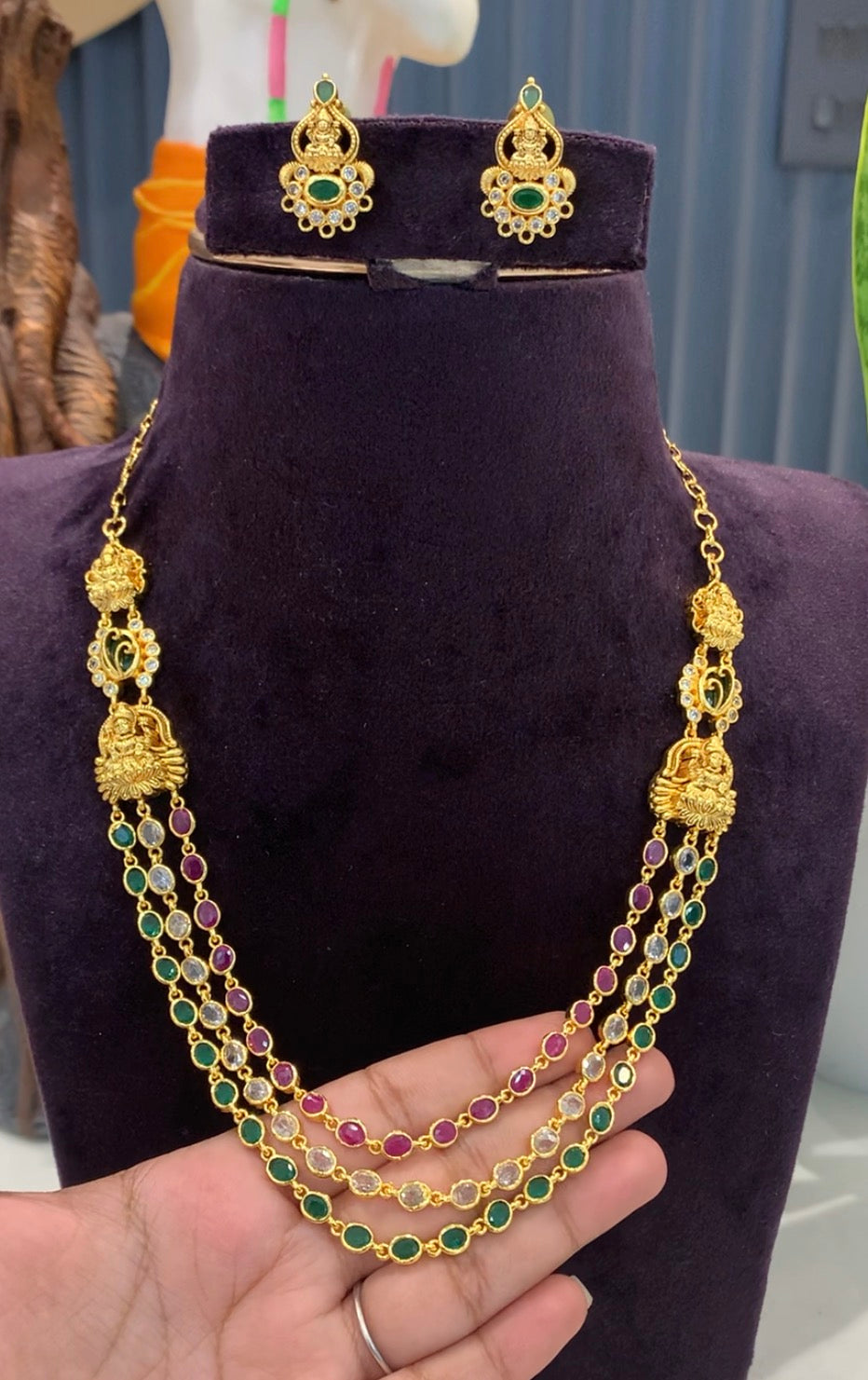 Beautiful 3-Step Multi colour Neck set With Pushback Earrings