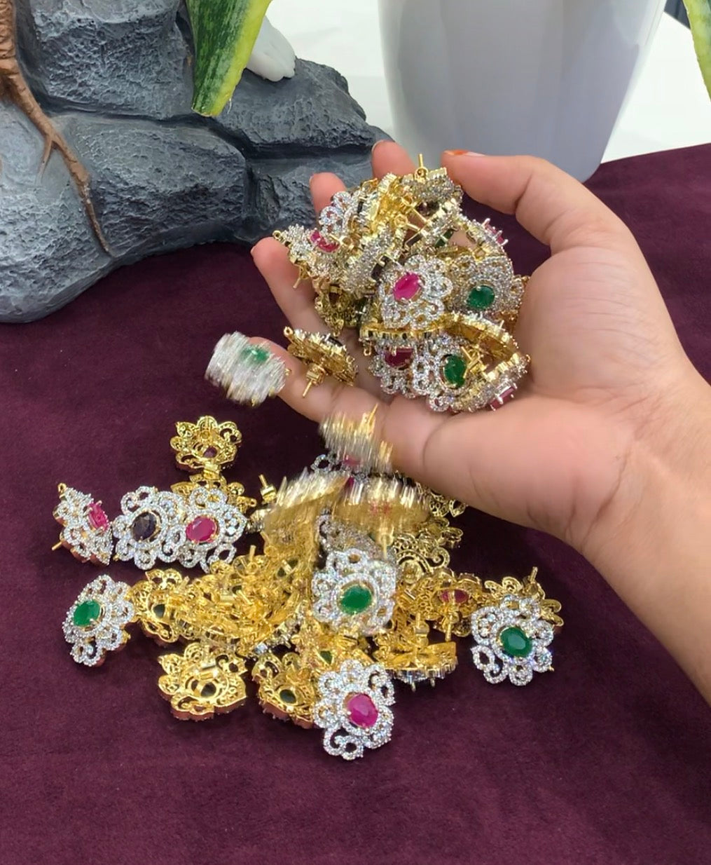 Beautiful Green Stone GJ Stud Earrings With Screwback