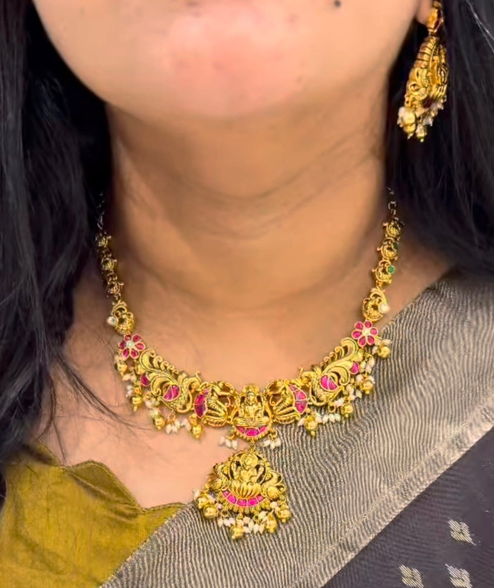 Beautiful Traditional Lakshmidevi NeckSet with JadavKundhan Stone with Pushback Earrings