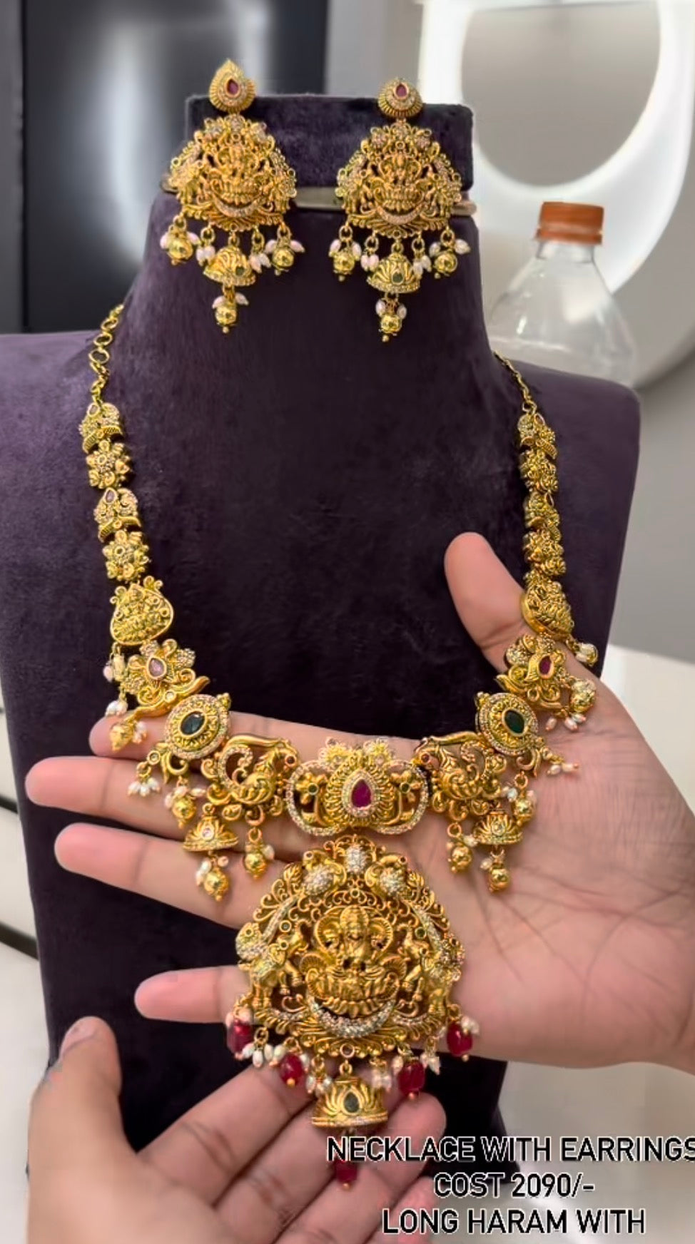 Beautiful Multi Stone Lakshmi Devi Necklace With screwback Earrings