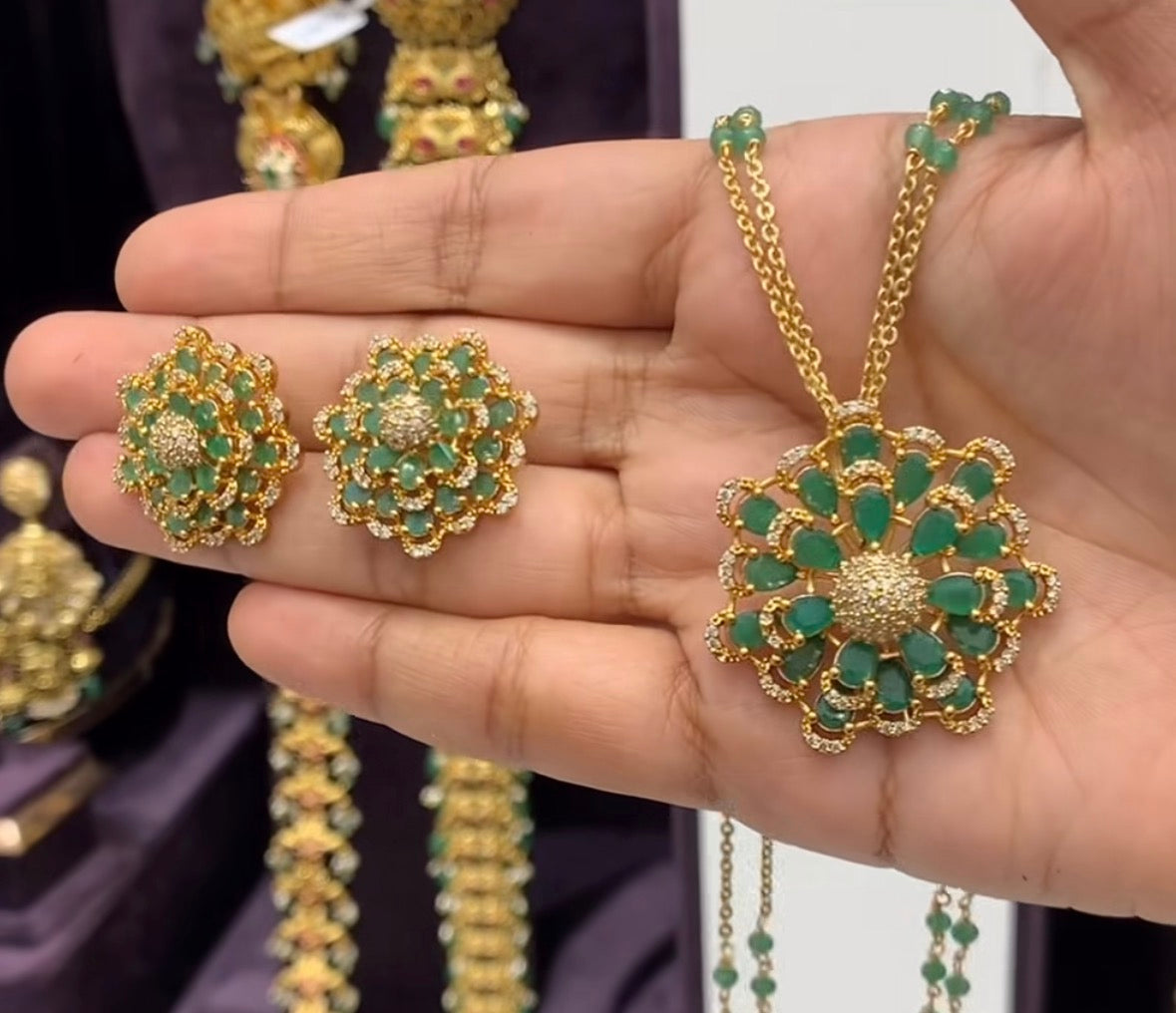 Beautiful Green Locket With Customised 2-Line Chandraharam Chain(18inches)