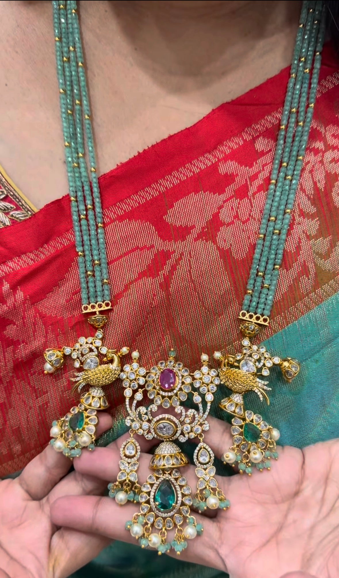 Beautiful premium CZ Crystal Beads Malla with Peacock Design Locket ( 24 Inches )