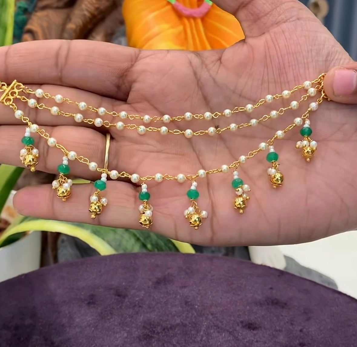 Beautiful 3 Line White beads Making Champaswaralu customised with Green & Gold beads