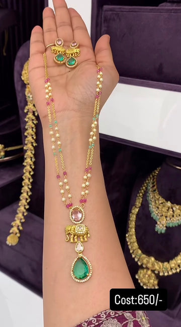 Beautiful Locket with Earrings with Customised 2-Line chandraharam Chain ( pushback Earrings )