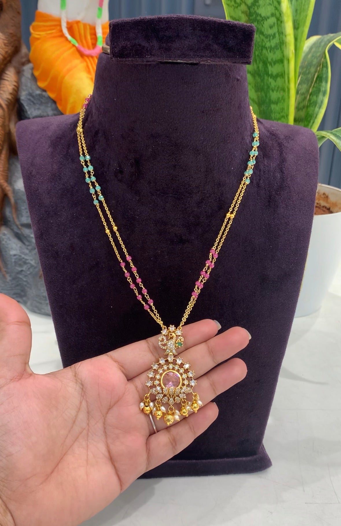 Beautiful pink stone locket with 2-line chandraharam and spinal beads Making