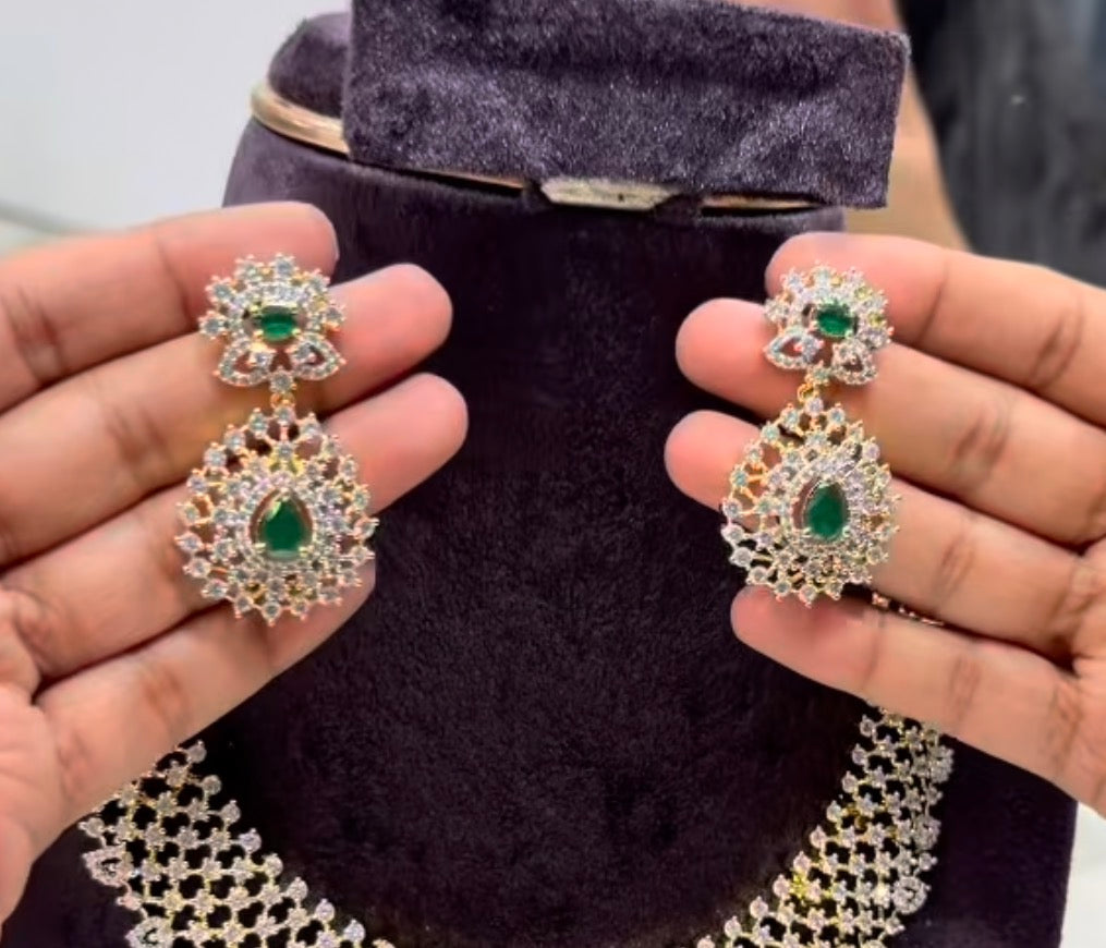 Beautiful Diamond Replica Necklace with Green Stone