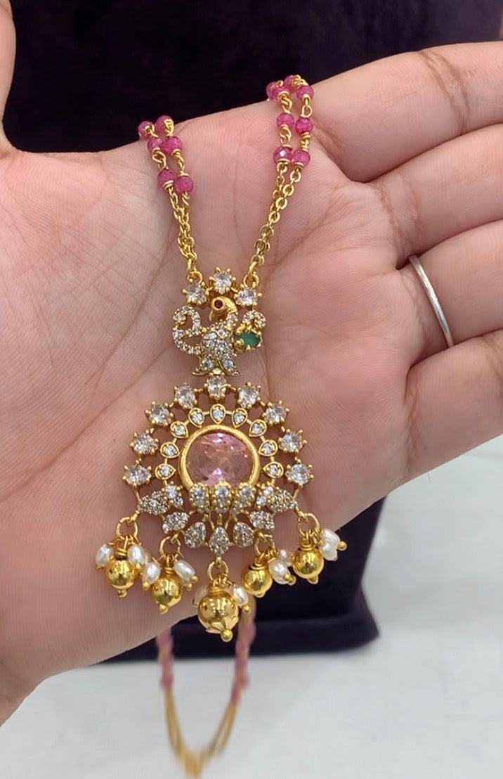 Beautiful pink stone locket with 2-line chandraharam and spinal beads Making