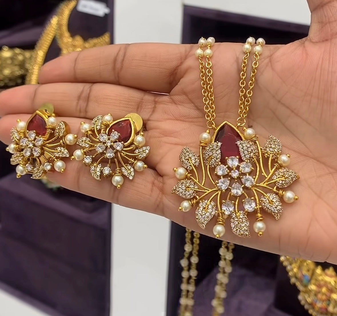 Beautiful Red Locket & Earrings With 2 Line Customised chandraharam Chain