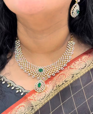 Beautiful Diamond Replica Necklace with Green Stone