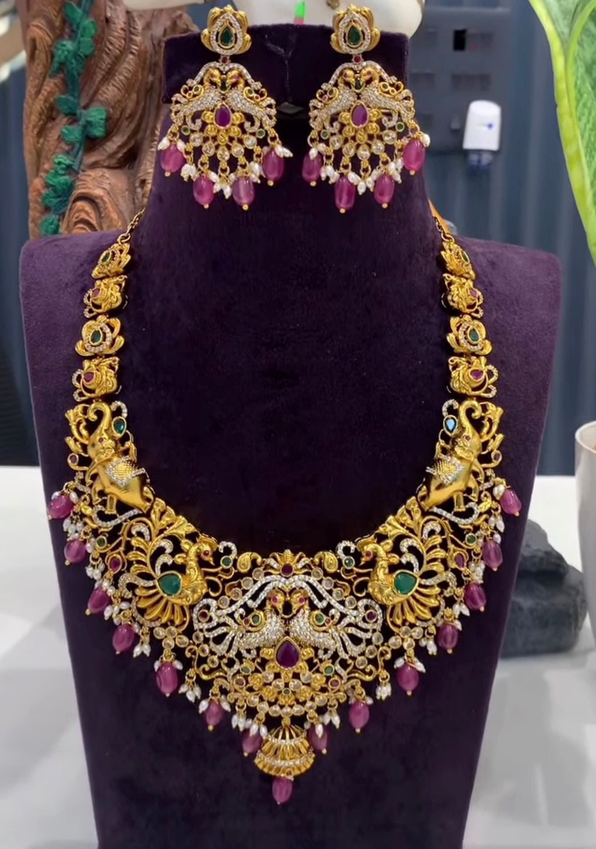 Beautiful Peacock Design Multi stone Nakshi Necklace with Earrings with Back Adjustable chain