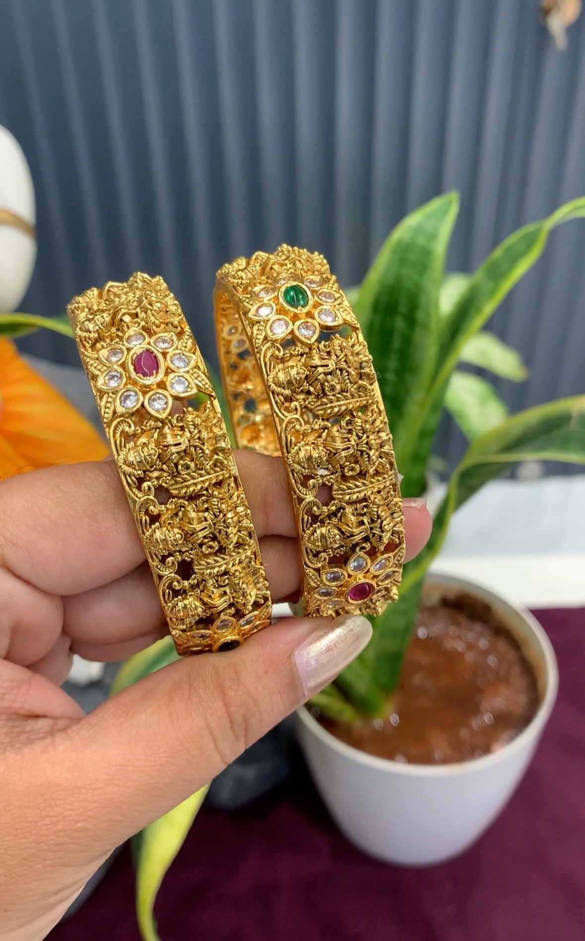 Beautiful Multi Stone Lakshmidevi Bangles ( Set of 2 Bangles )