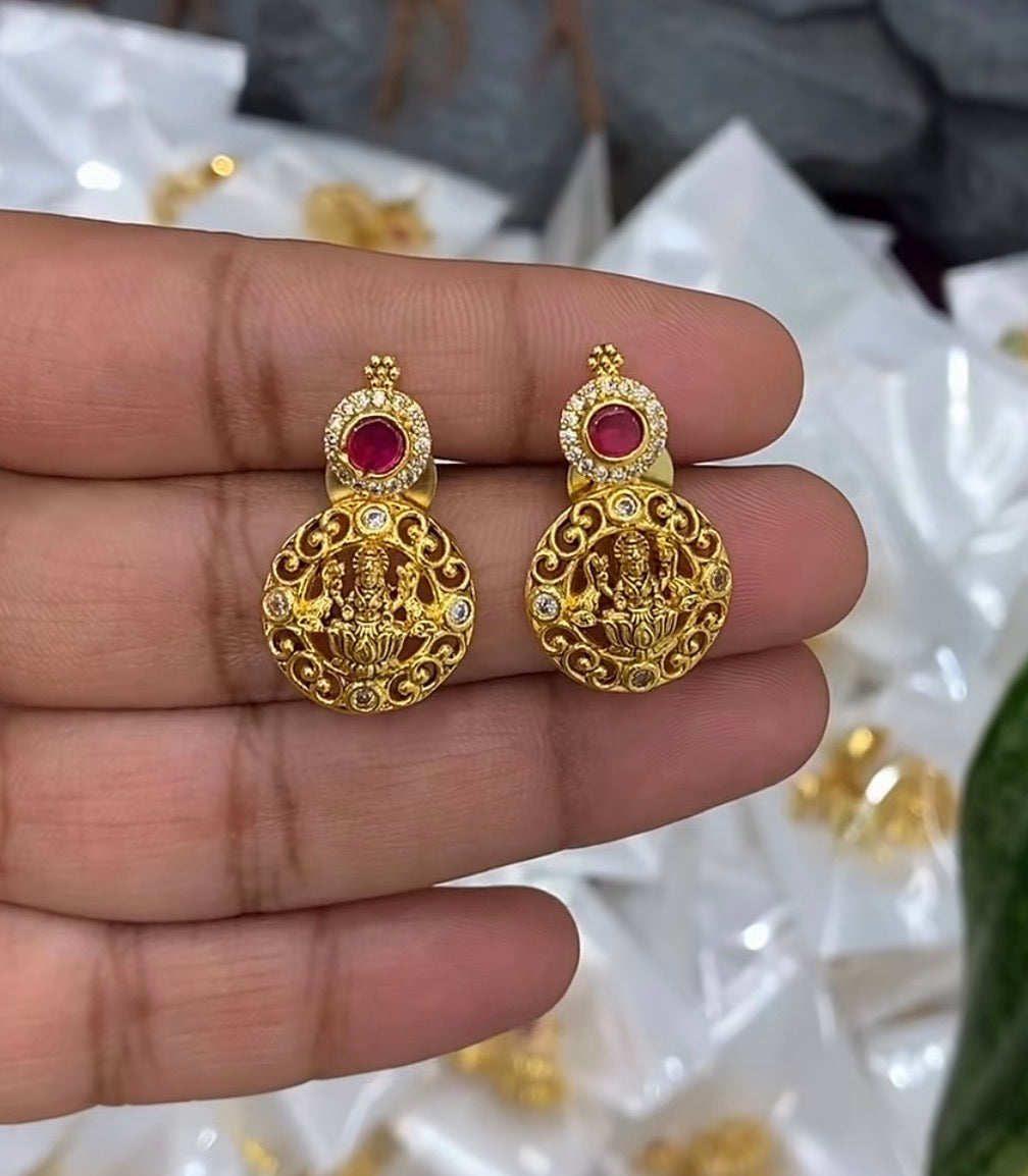 Beautiful Pink Stone Lakshmidevi Kasu Stud Earrings With Pushback