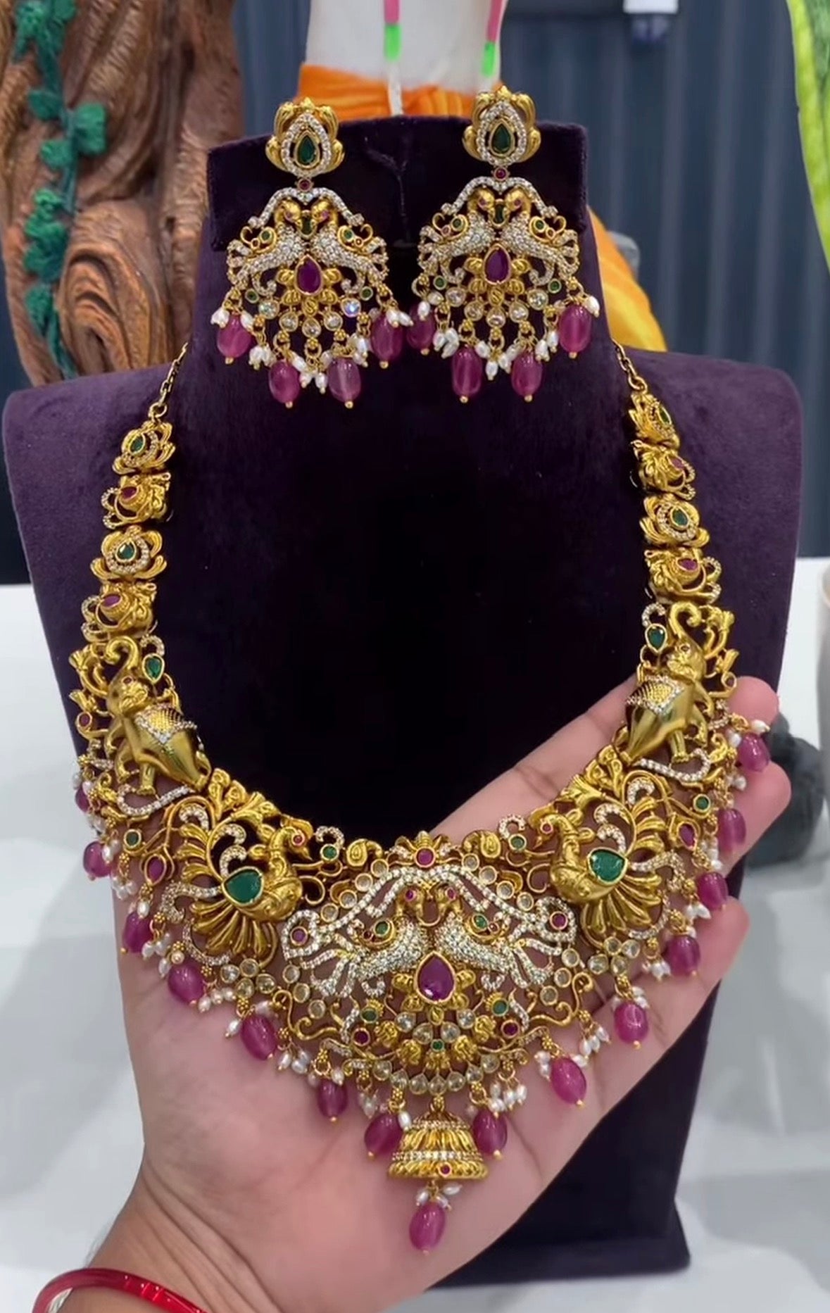 Beautiful Peacock Design Multi stone Nakshi Necklace with Earrings with Back Adjustable chain
