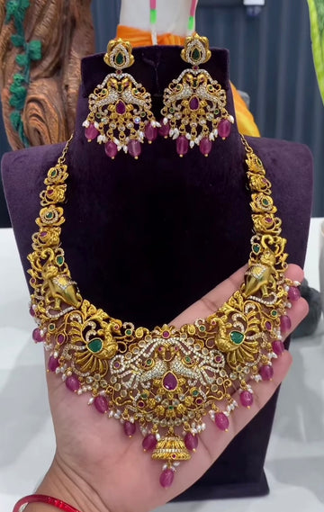 Beautiful Peacock Design Multi stone Nakshi Necklace with Earrings with Back Adjustable chain
