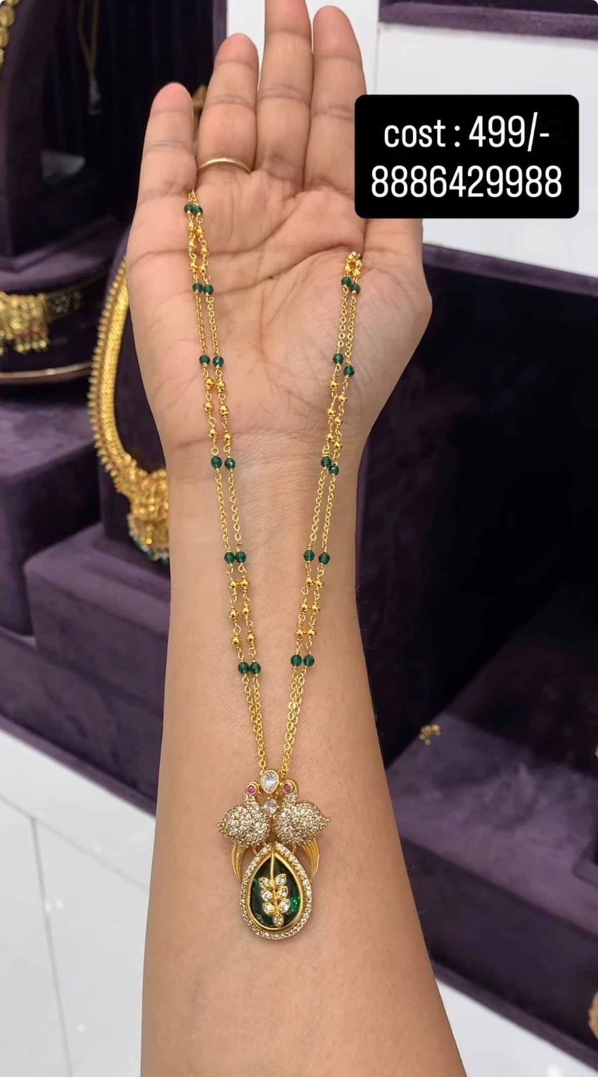 Beautiful Green Stone Peacock Locket With 2 Line Customised Chandraharam Chain (18 Inches)