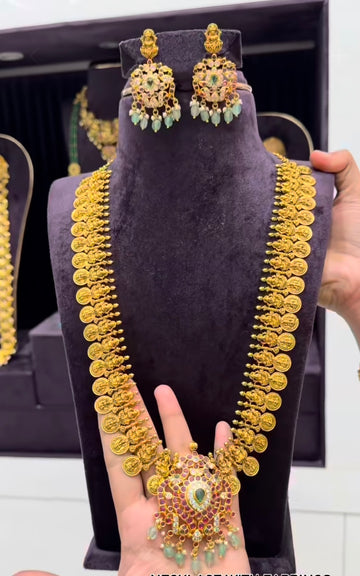 Beautiful Pota Stone Kasu Haram without GodMotive & Back Adjustable Rings