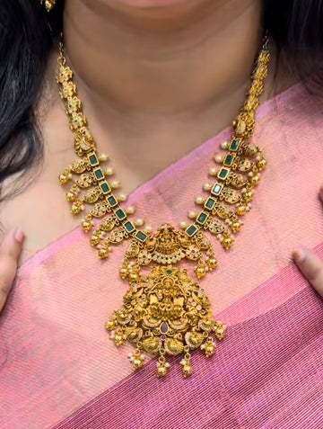 Beautiful Green Stone’s Lakshmidevi Neck Set With pushback Earrings