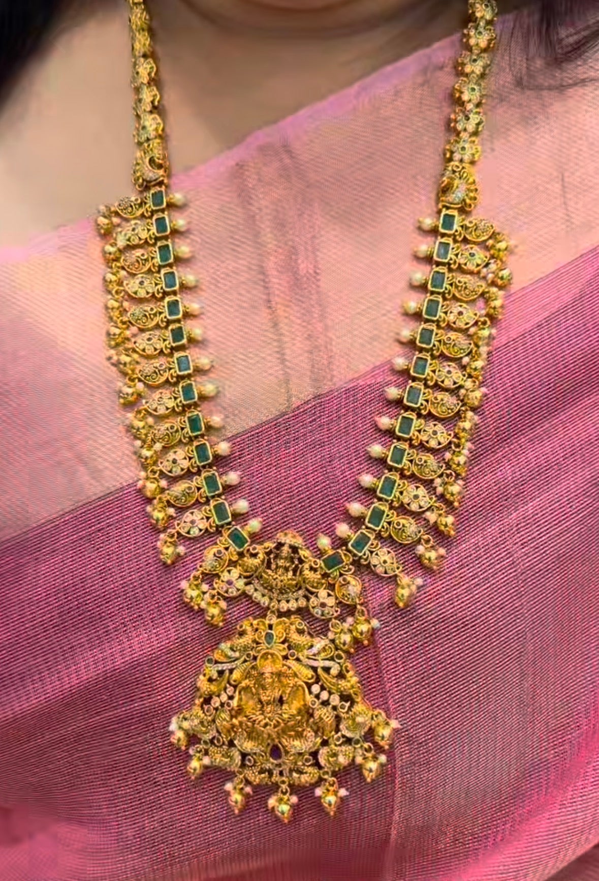Beautiful Green Stone’s Lakshmidevi Haram with Pushback Earrings