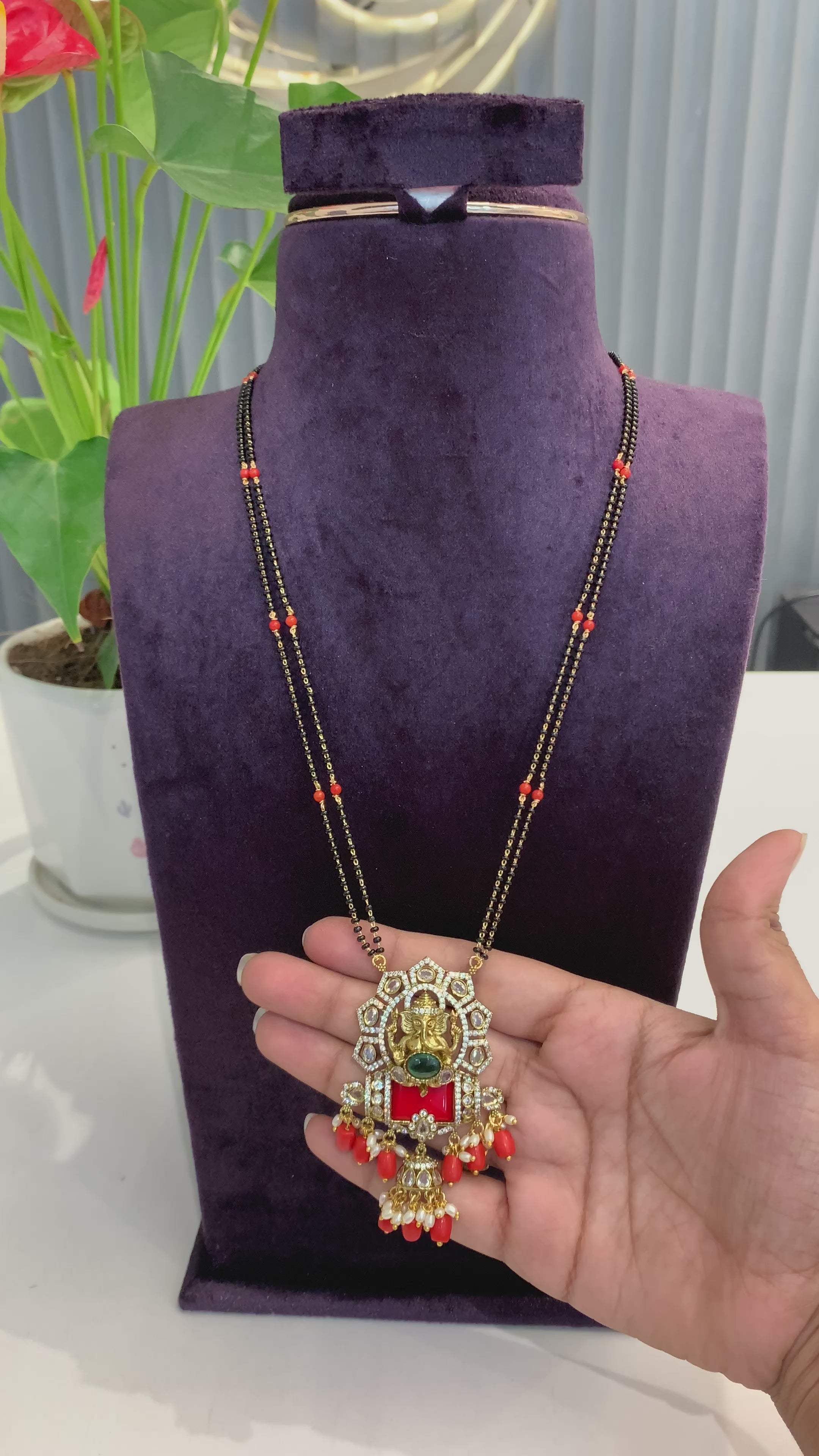 Beautiful Vinayaka Coral stone 24 inch long Black beads