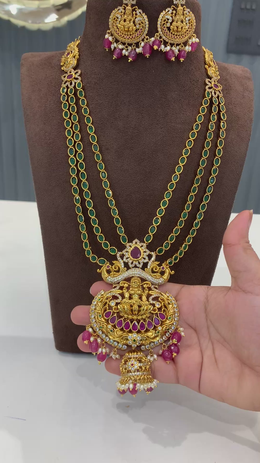 Beautiful green stone 3D long haram with 3 layers