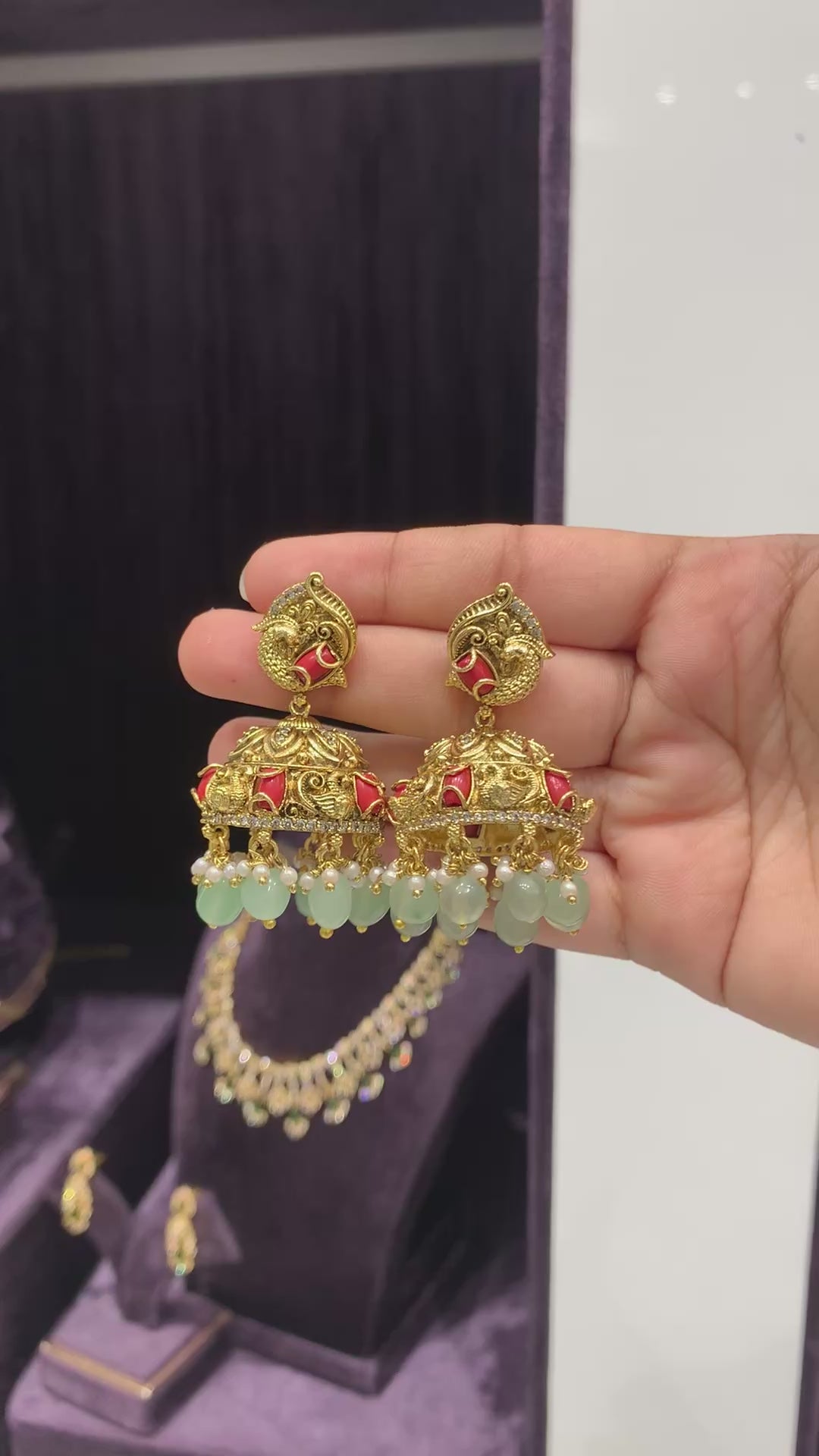 Beautiful traditional coral Nakshi jumkies